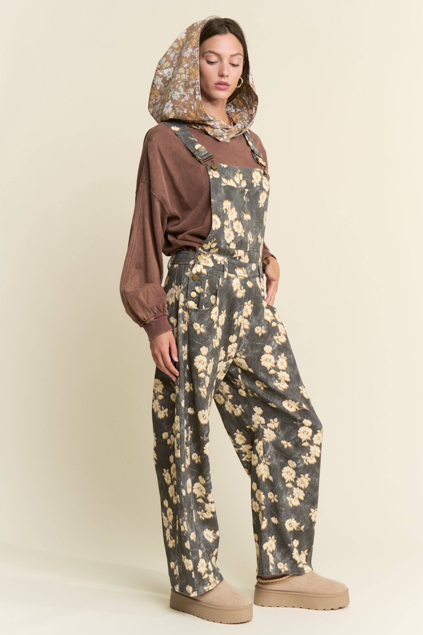 Floral Print Denim Overalls, Feathered Farmhouse