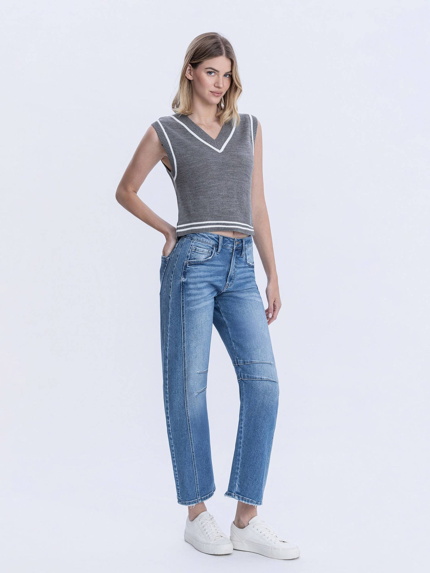 High Rise Medium Wash Crop Barrel Jeans, Feathered Farmhouse