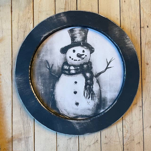 Round Black and White Snowman, Feathered Farmhouse