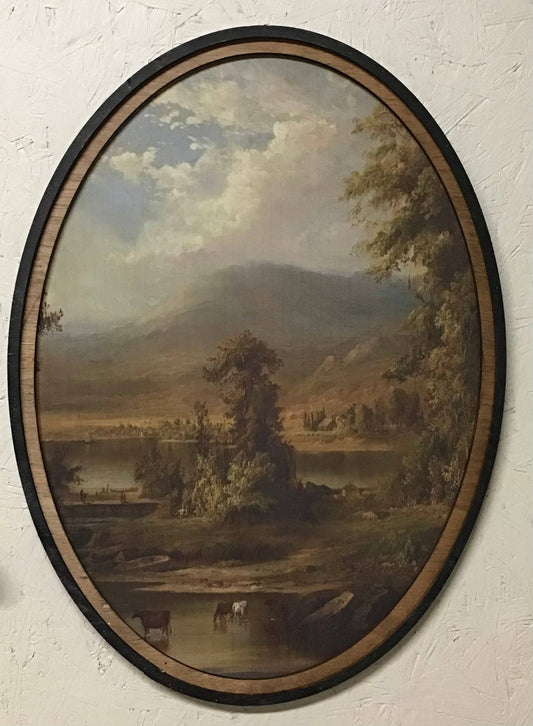 Large Oval Pastoral of Cattle in the Valley, Feathered Farmhouse