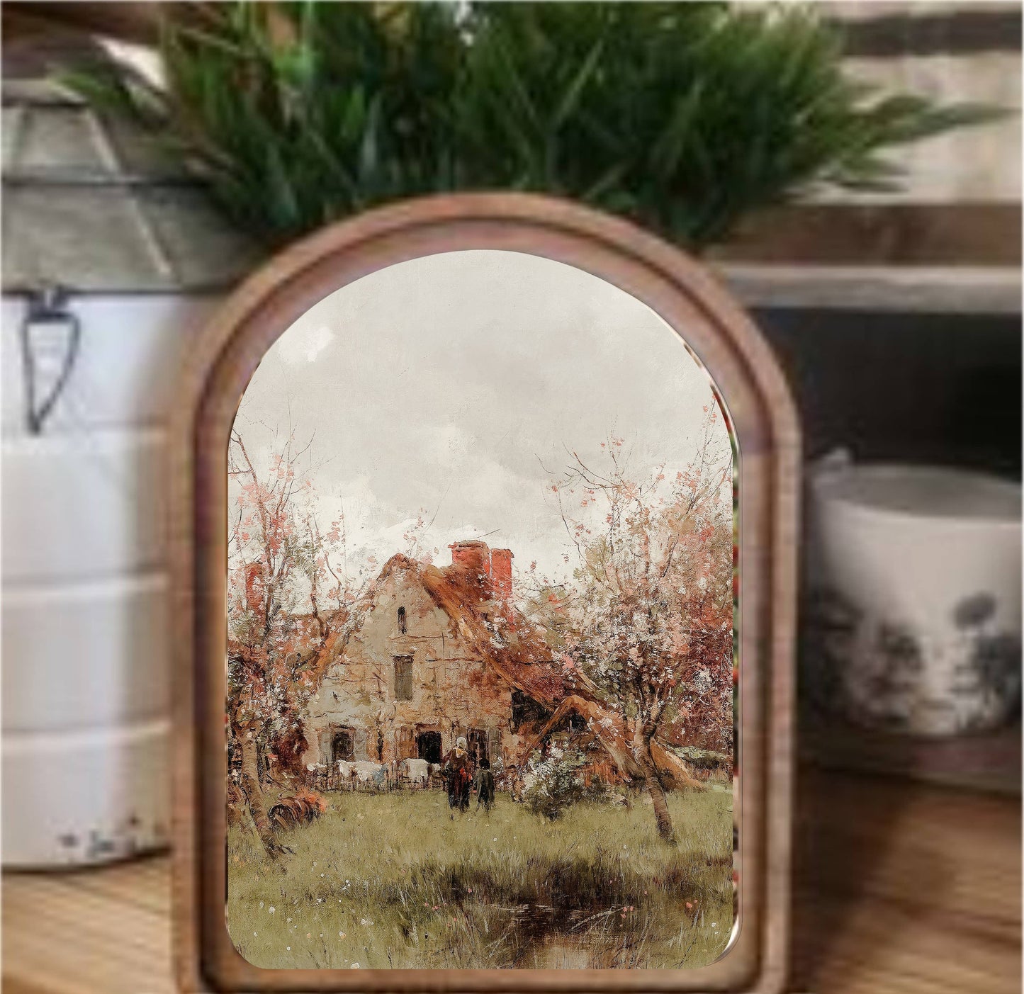 French Cottage Framed Art Arch Top, Feathered Farmhouse