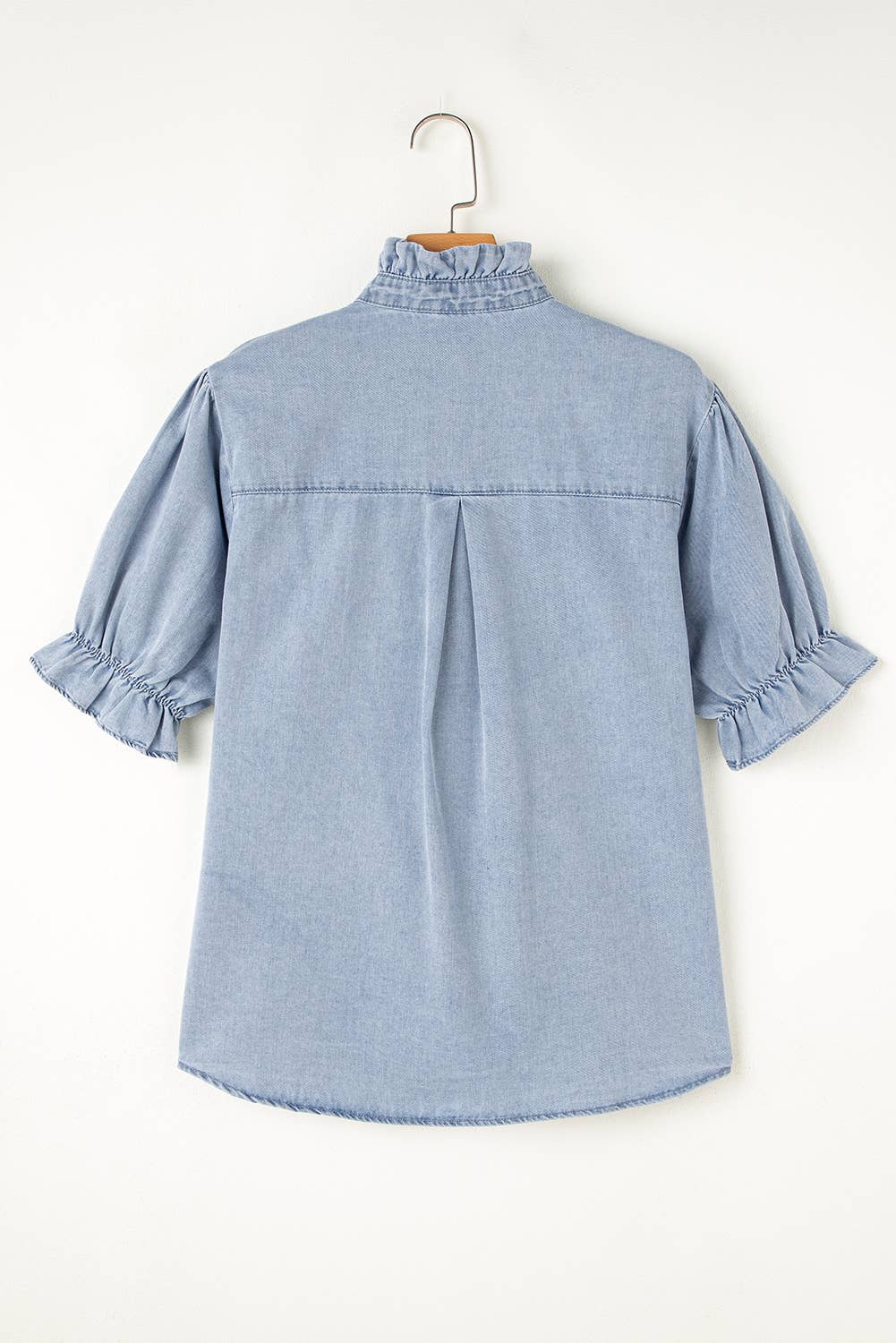 Ruffle Sleeve Chambray Shirt, Feathered Farmhouse