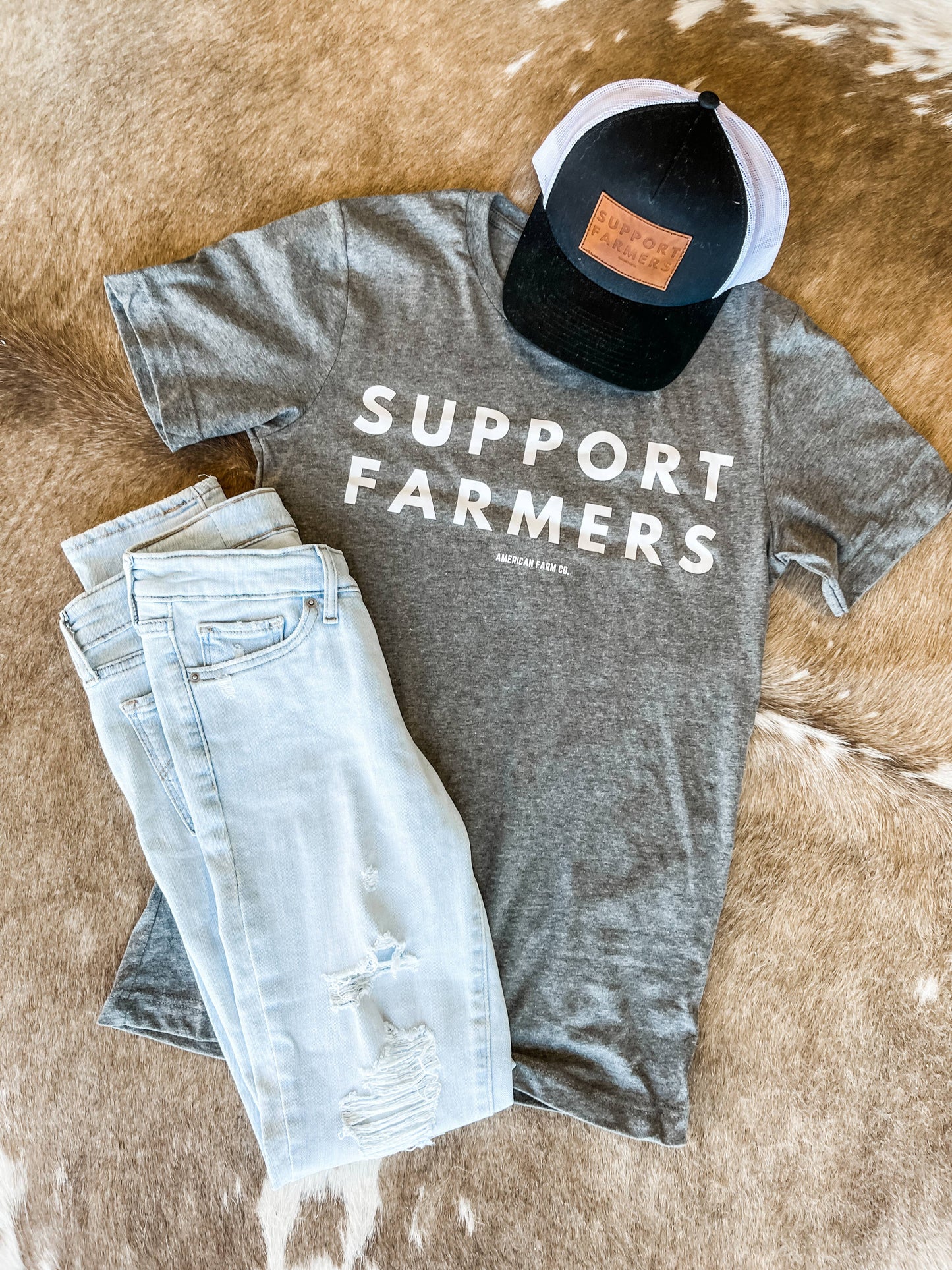 Western Support Farmers Grey Graphic Tee, Feathered Farmhouse