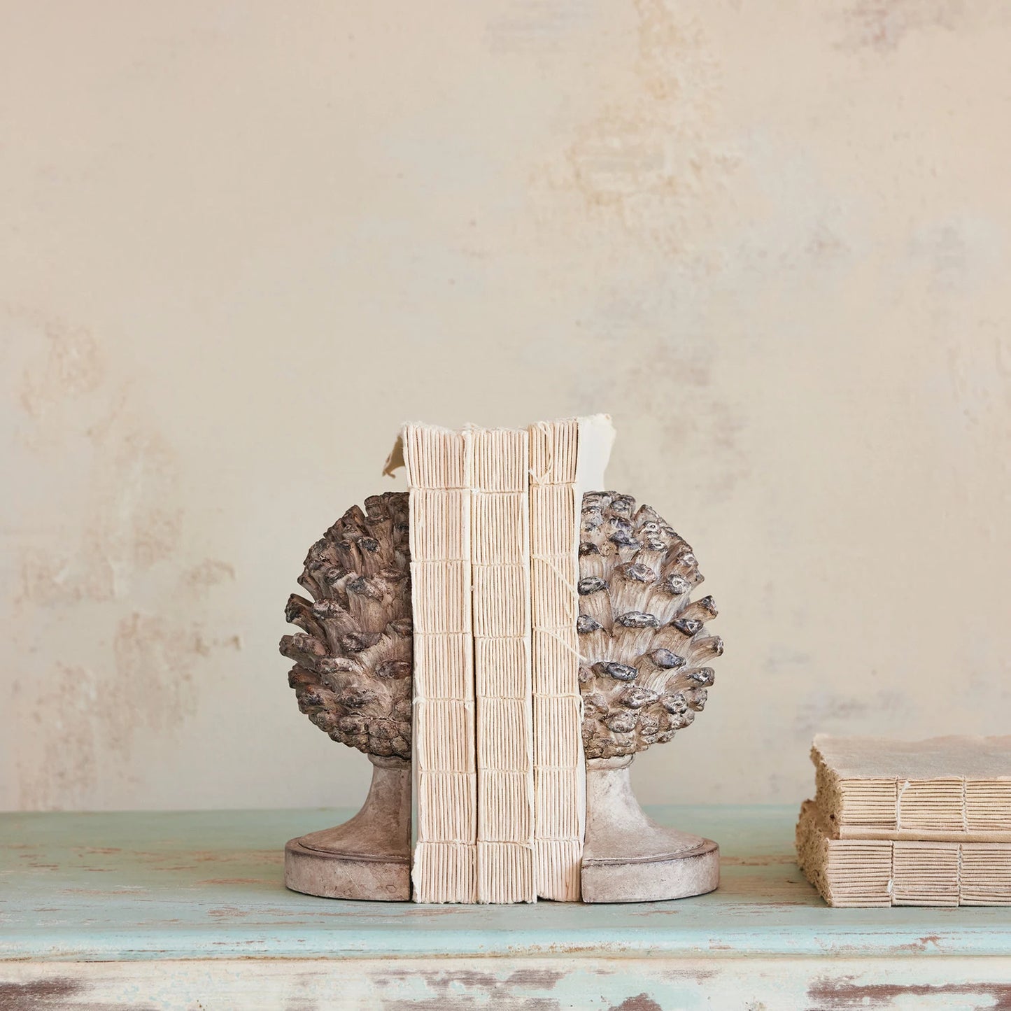 Resin Pinecone Shaped Finial Bookends, Feathered Farmhouse