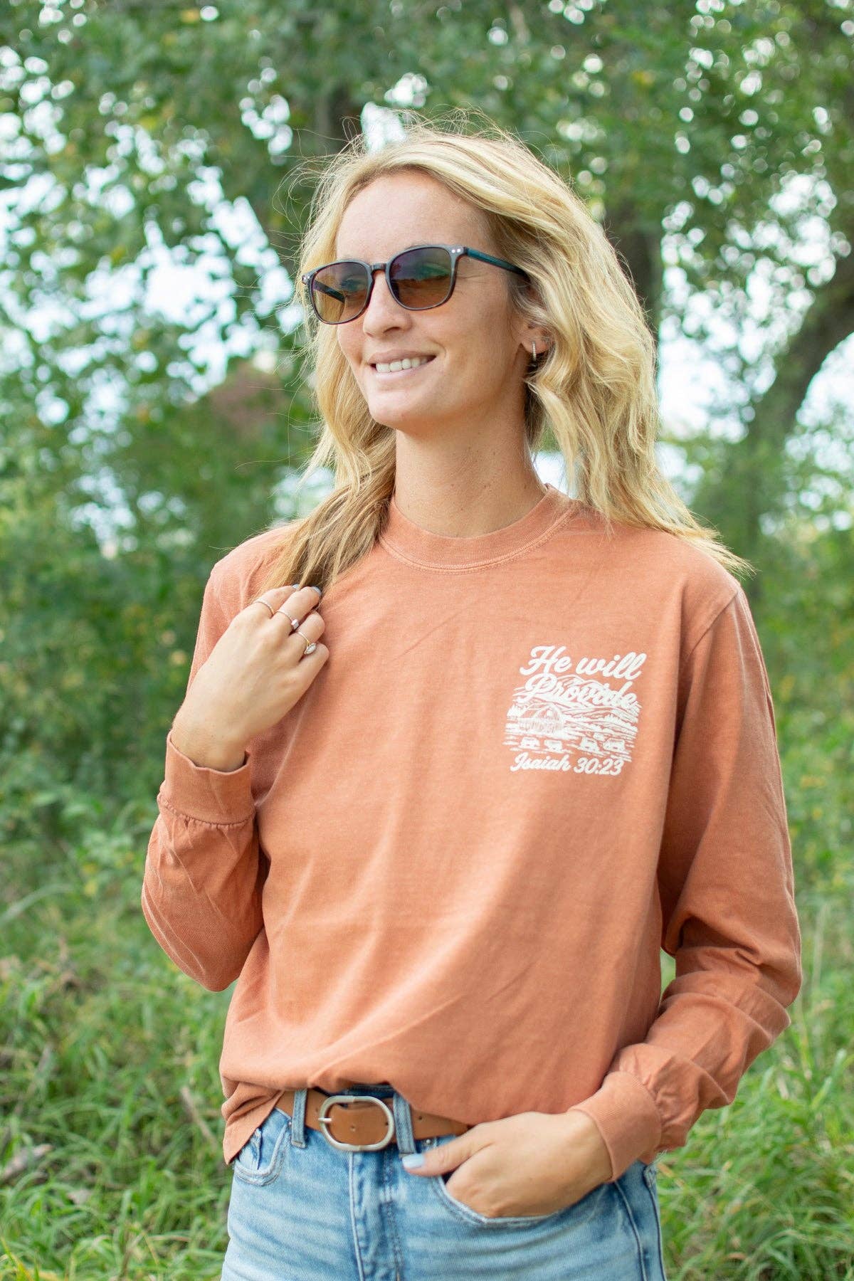 Western 'He Will Provide' Isaiah 30:23 Long Sleeve, Feathered Farmhouse