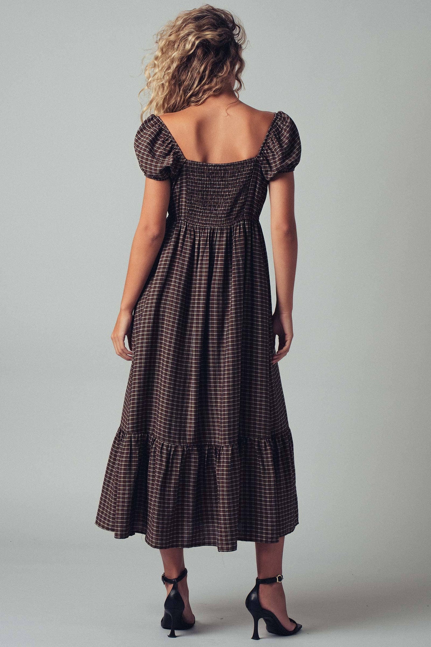 Check Puff Sleeve Smocked Midi Dress, Feathered Farmhouse