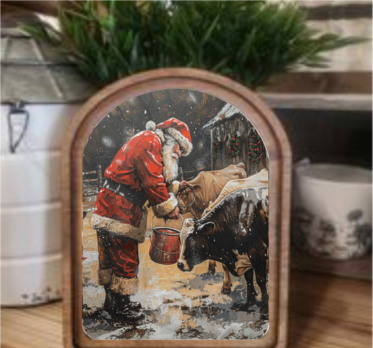 Santa With Cows Framed Art Arch Top, Feathered Farmhouse