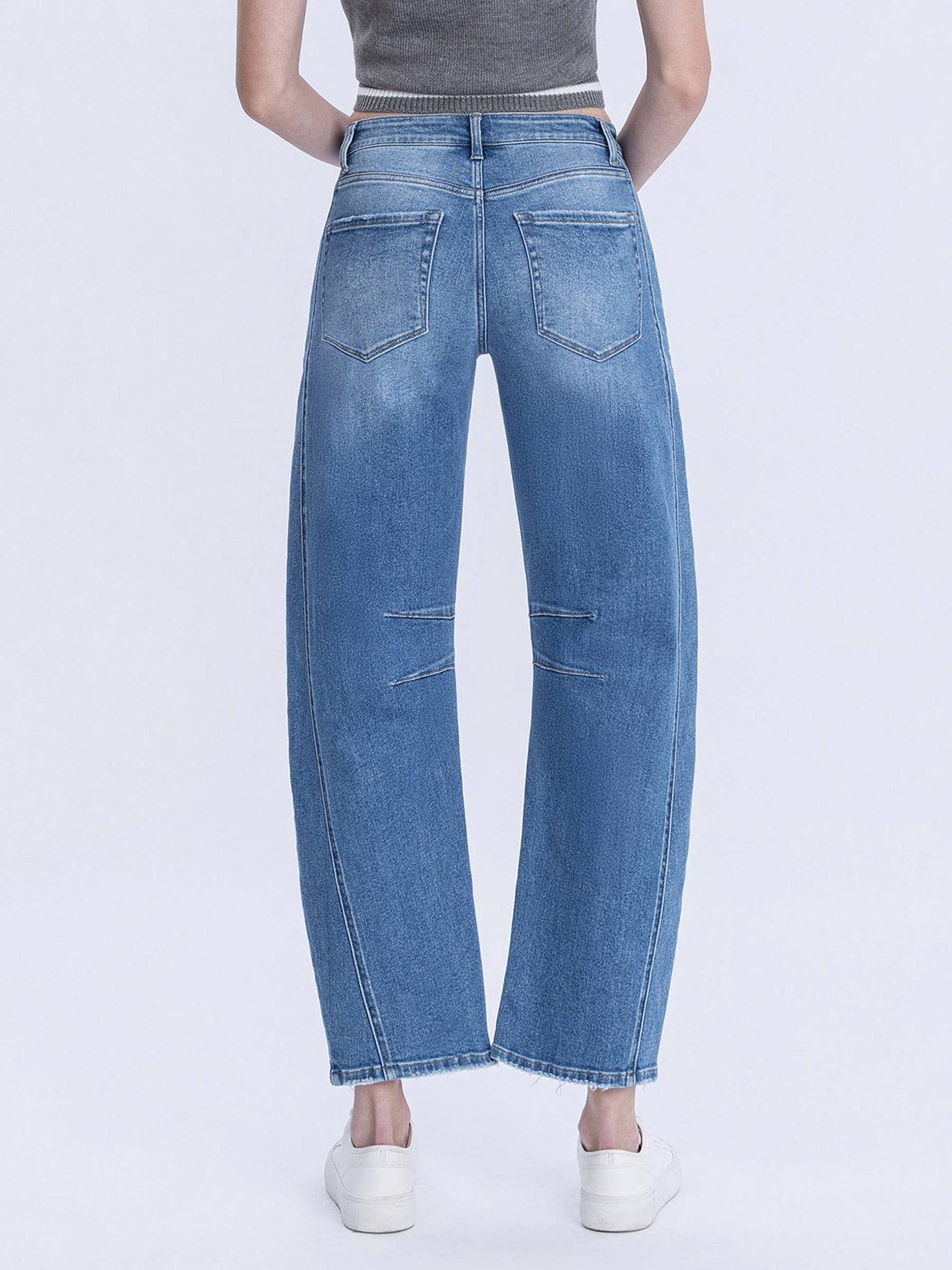 High Rise Medium Wash Crop Barrel Jeans, Feathered Farmhouse