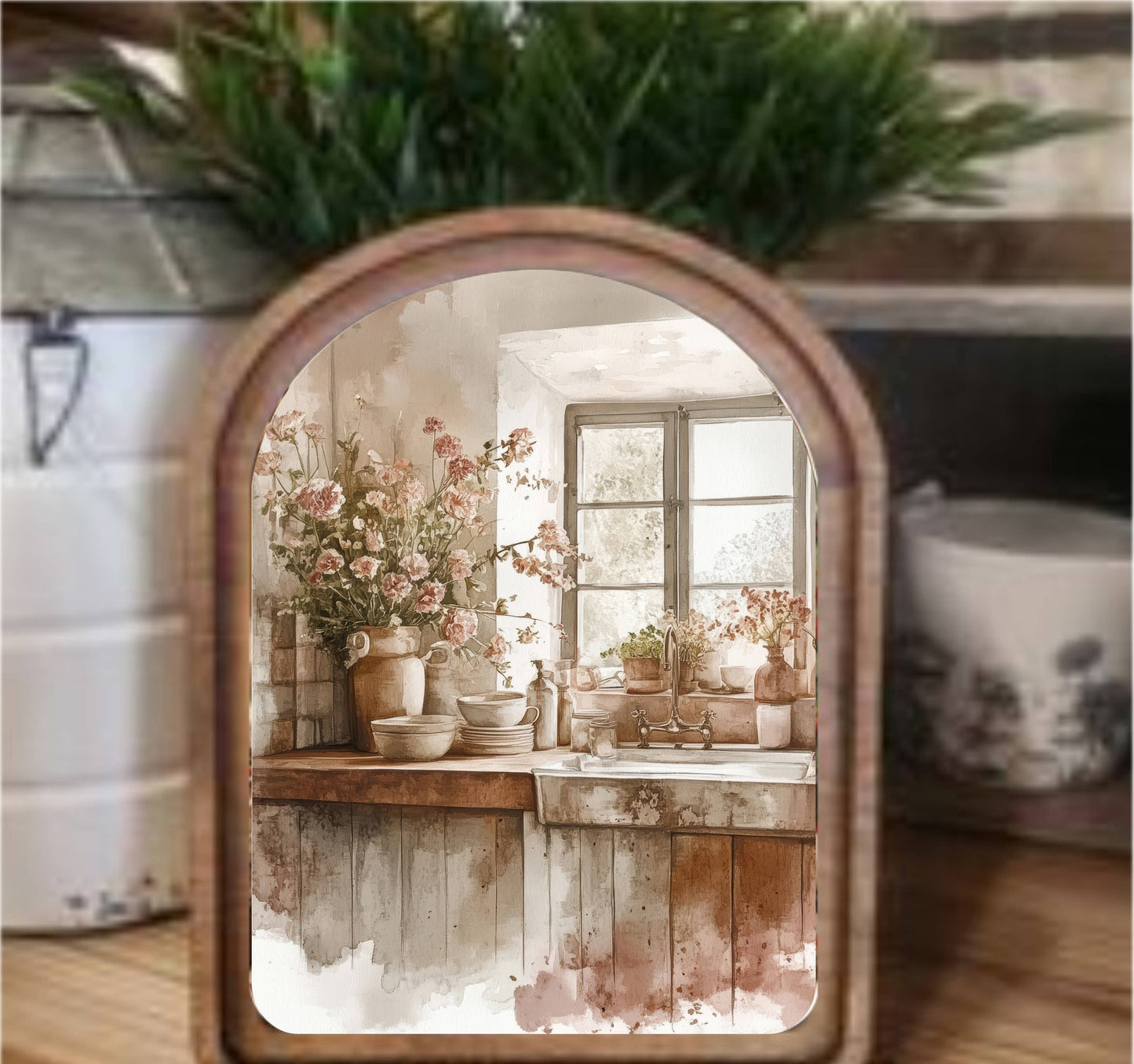 Rustic Kitchen Framed Art Arch Top, Feathered Farmhouse