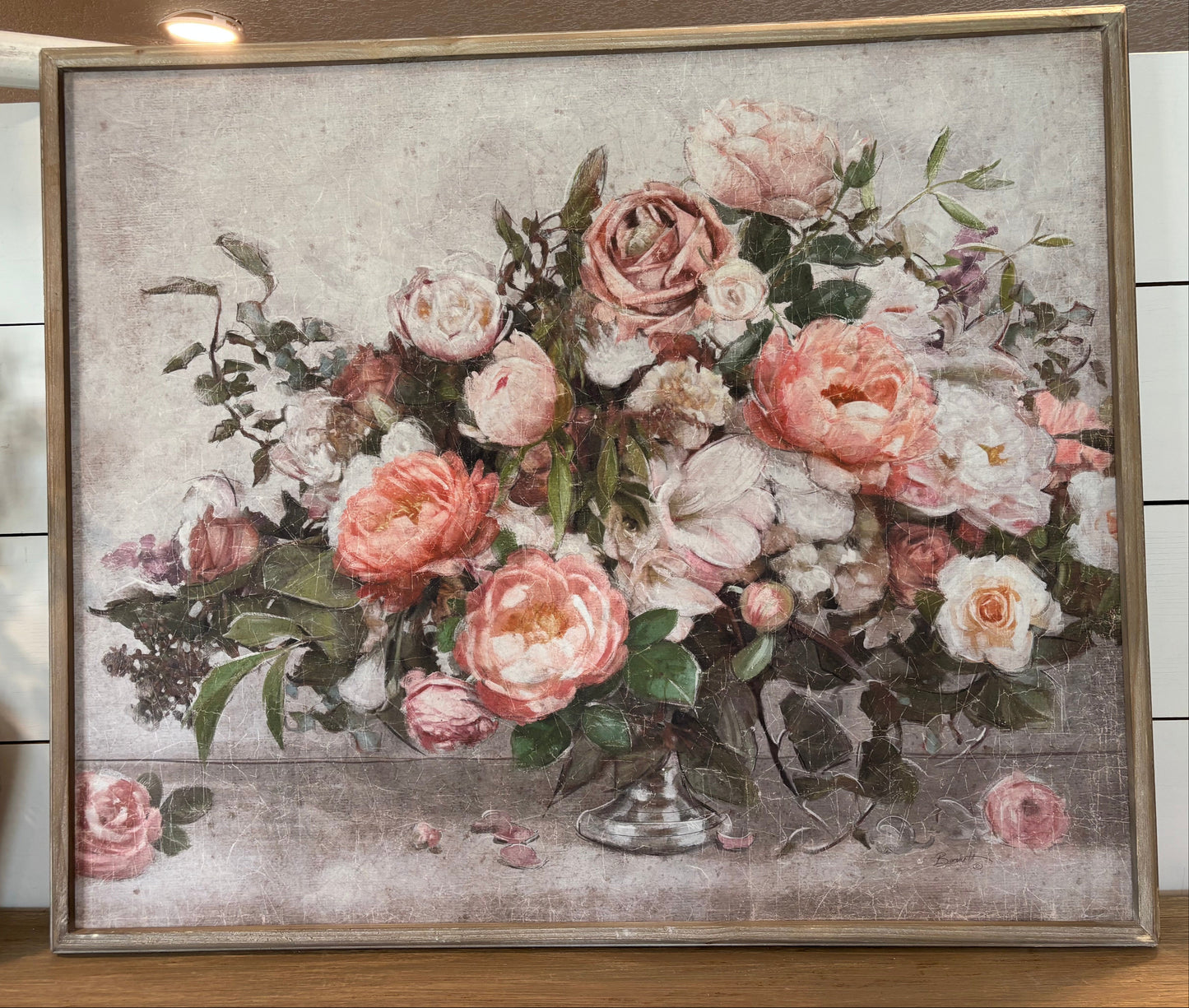 Wood Framed Wall Decor with Flower Bouquet, Feathered Farmhouse