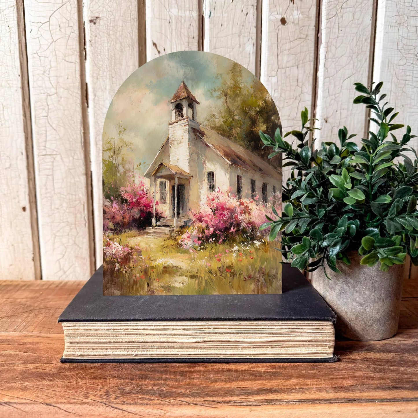Spring Church Arched Wood Sign Shelf Sitter Sign, Feathered Farmhouse