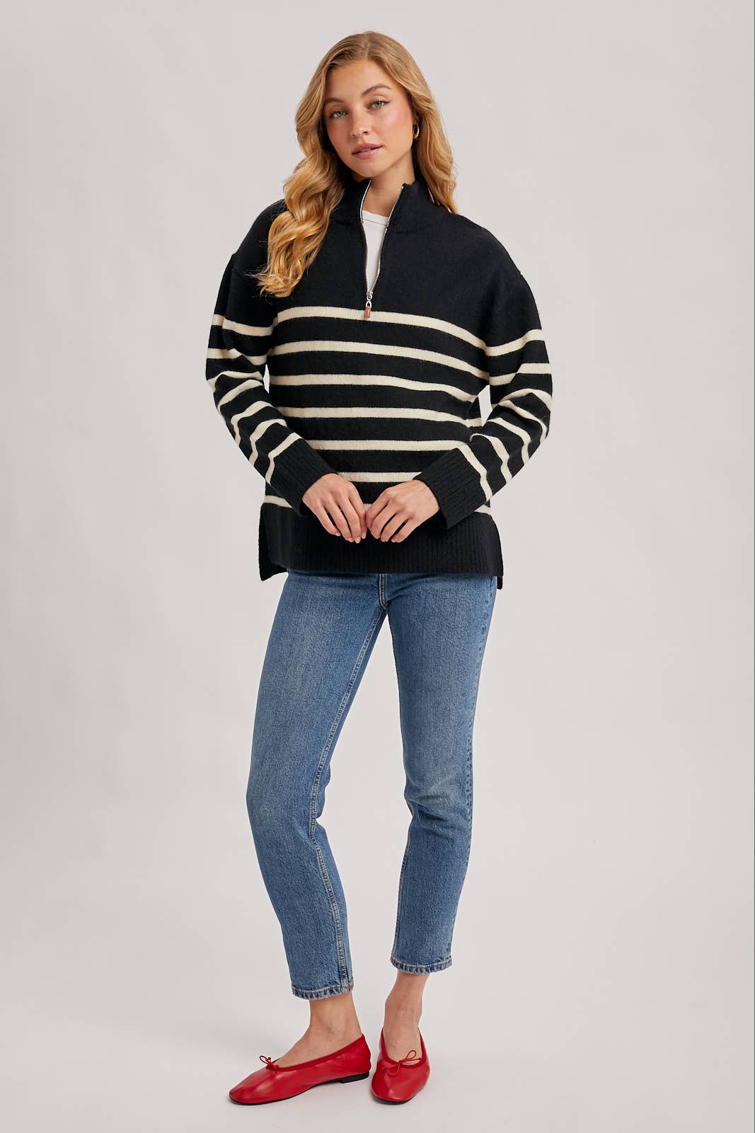 Quarter Zip Up Stripe Sweater, Feathered Farmhouse
