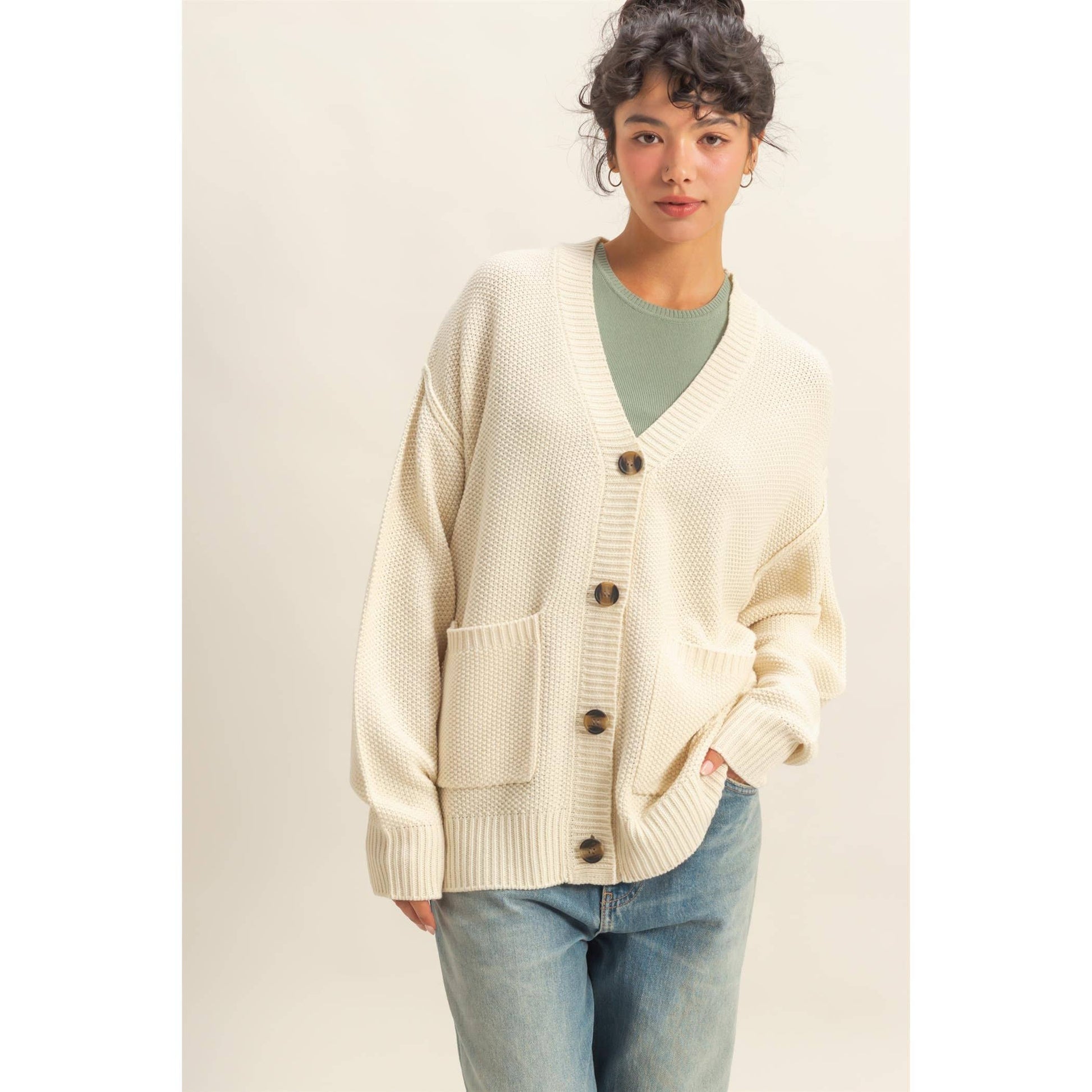 Button-Front Oversized Cardigan, Feathered Farmhouse