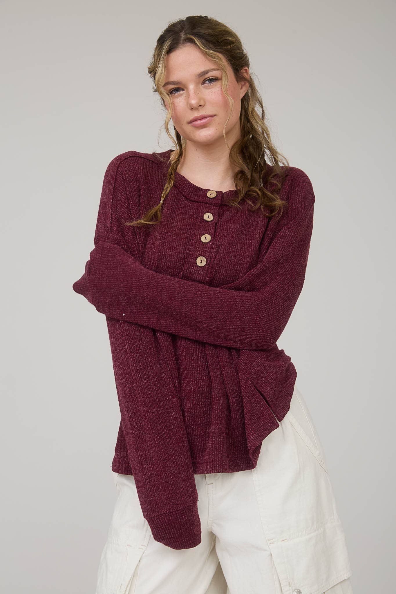 Ribbed Henley Knit Top, Feathered Farmhouse