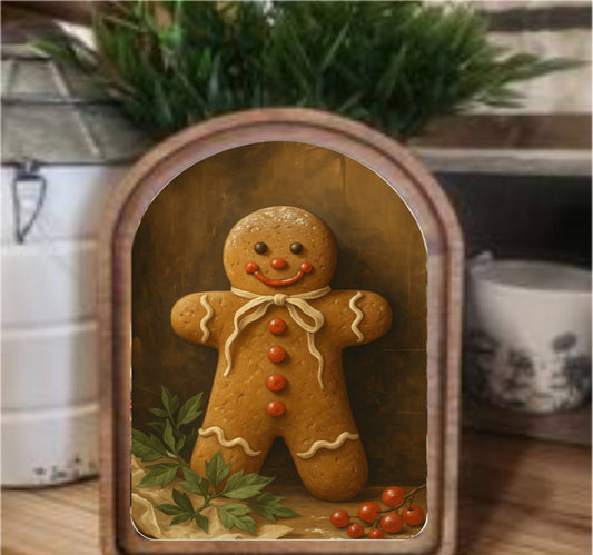 Gingerbread Man Framed Art Arch Top, Feathered Farmhouse