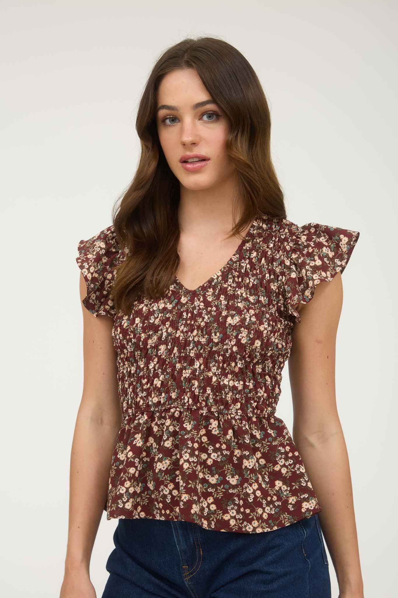 Floral Smocked Ruffle Sleeve Top, Feathered Farmhouse