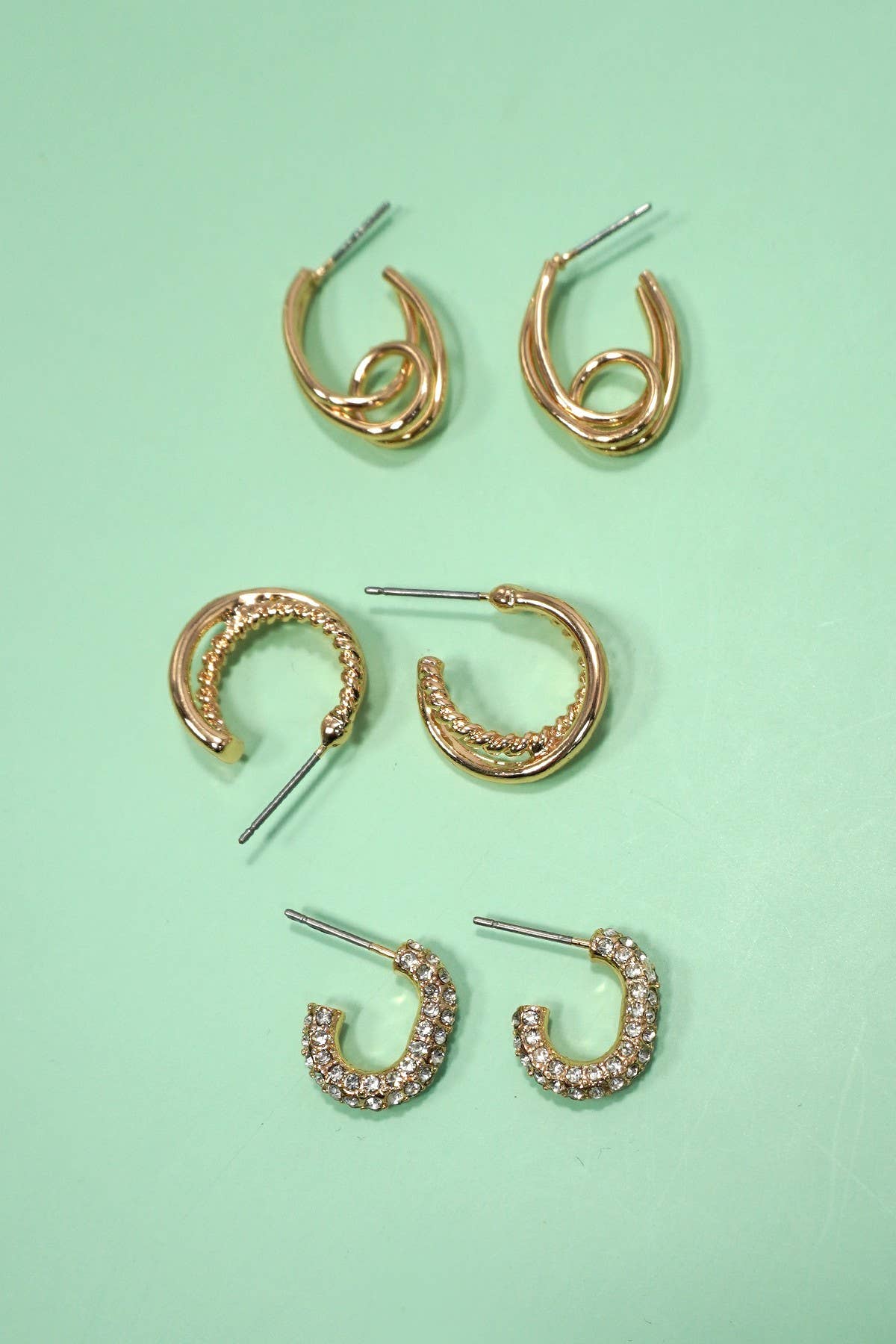 Trio Huggie Hoop Rhinestone Earrings, Feathered Farmhouse