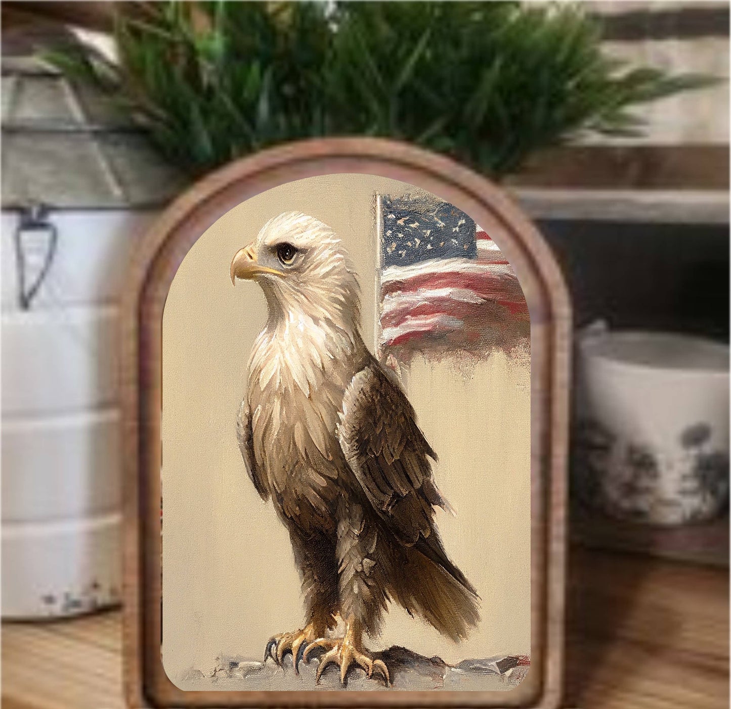 Eagle Flag Framed Art Arch Top, Feathered Farmhouse