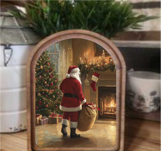 Fireplace Santa Framed Art Arch Top, Feathered Farmhouse