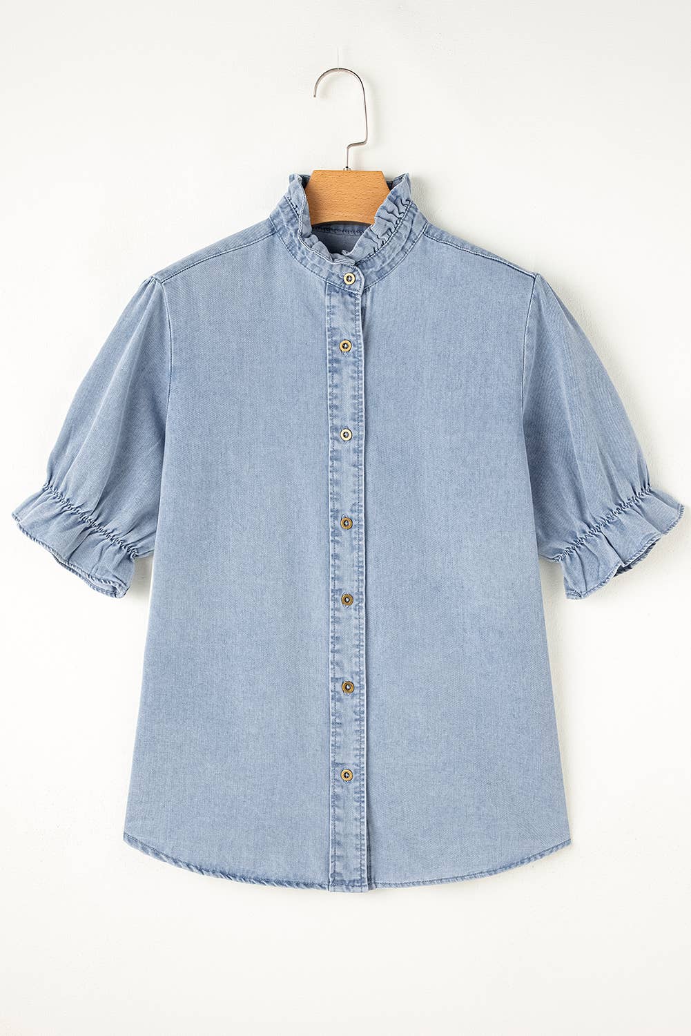 Ruffle Sleeve Chambray Shirt, Feathered Farmhouse