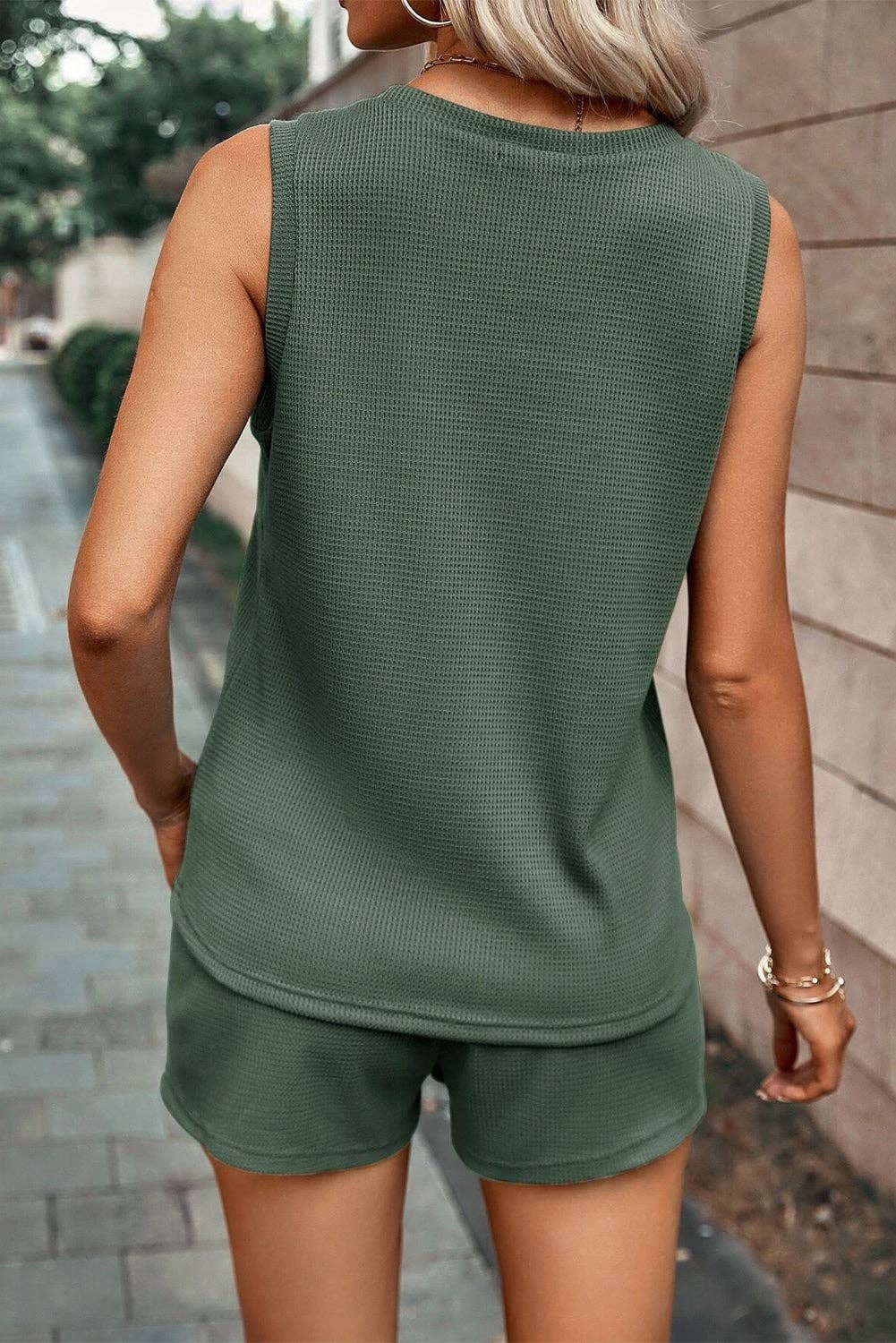 Waffle Knit Patched Pocket Tank And Shorts, Feathered Farmhouse