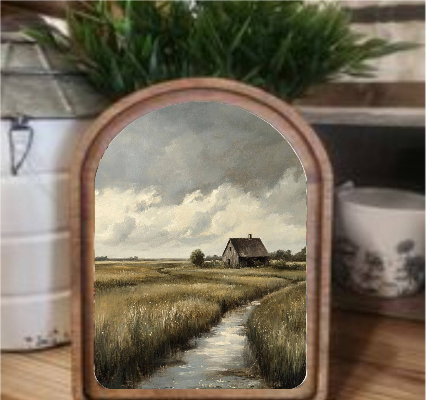 Stormy Cottage Framed Art Arch Top, Feathered Farmhouse