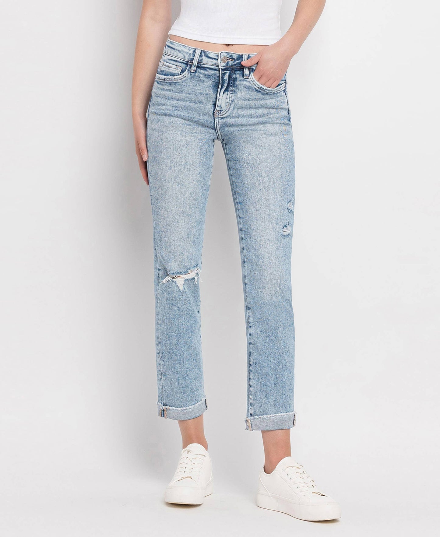 Tummy Control High Rise Cuff Slim Straight Jeans, Feathered Farmhouse