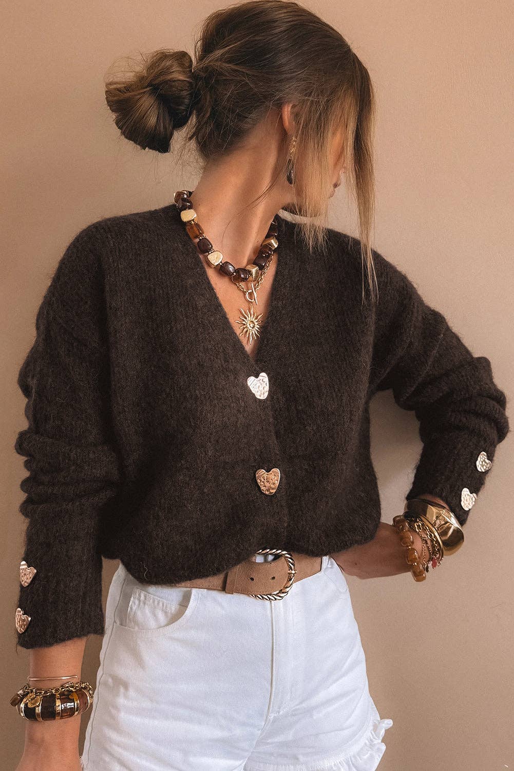 Heart Metal Button V Neck Cardigan Sweater, Feathered Farmhouse