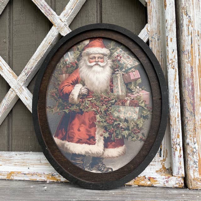 Santa with Holly Oval Framed Canvas Print, Feathered Farmhouse