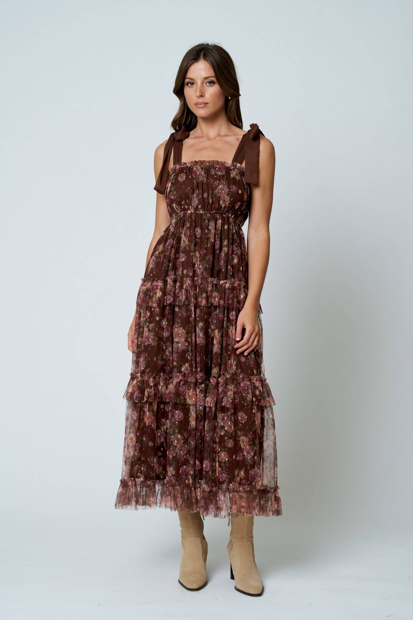 Floral Chiffon Tie Strap Ruffled Tiered Midi Dress, Feathred Farmhouse