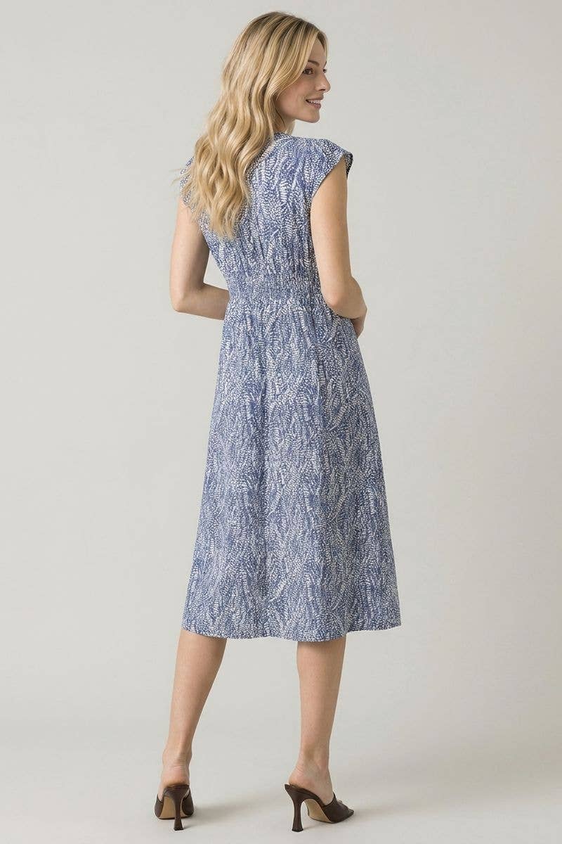 Abstract Print V Neck Button Down Midi Dress, Feathered Farmhouse