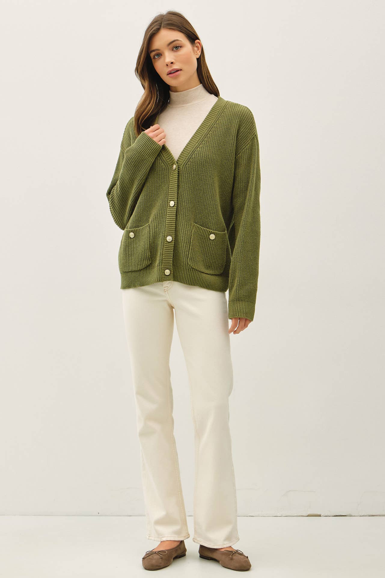 Olive Varsity Style Cardigan, Feathered Farmhouse