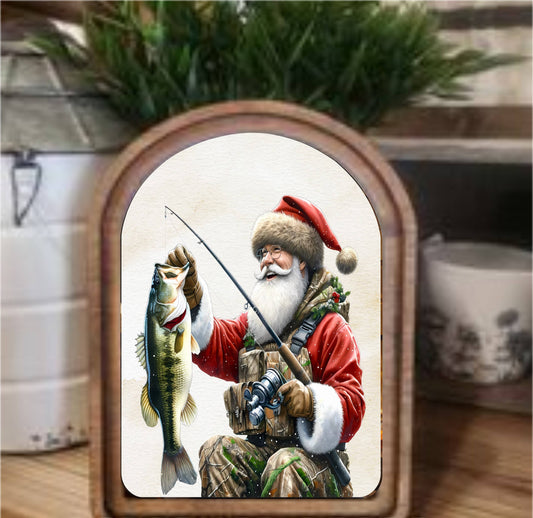 Fishing Santa Framed Art Arch Top, Feathered Farmhouse