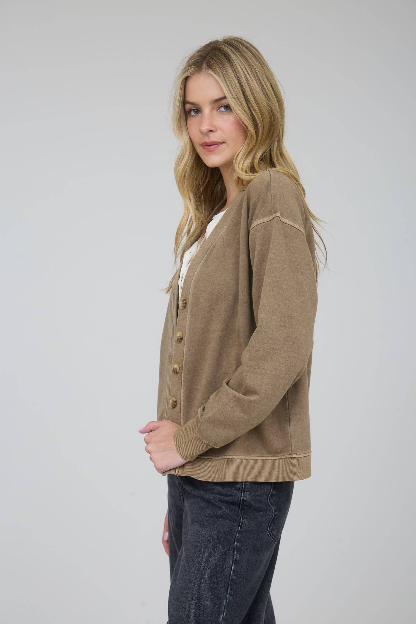 Brown Washed Cardigan, Feathered Farmhouse