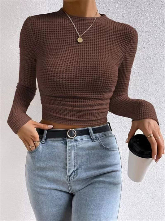 Brown Plain Waffle Fitted long Sleeve Top, Feathered Farmhouse