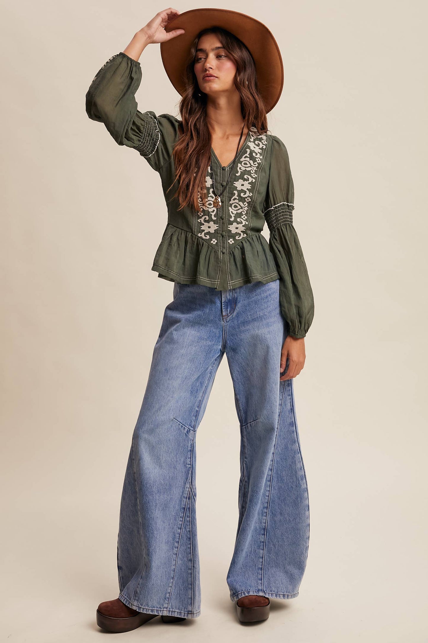 Embroidered Peplum Blouse, Feathered Farmhouse