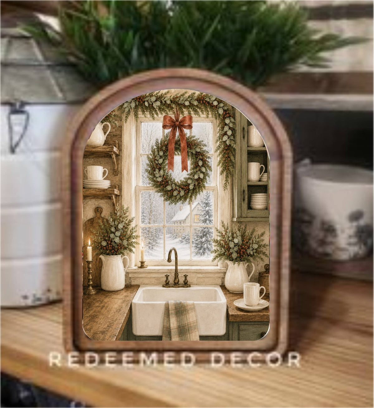 Christmas Kitchen Framed Arch Top, Feathered Farmhouse