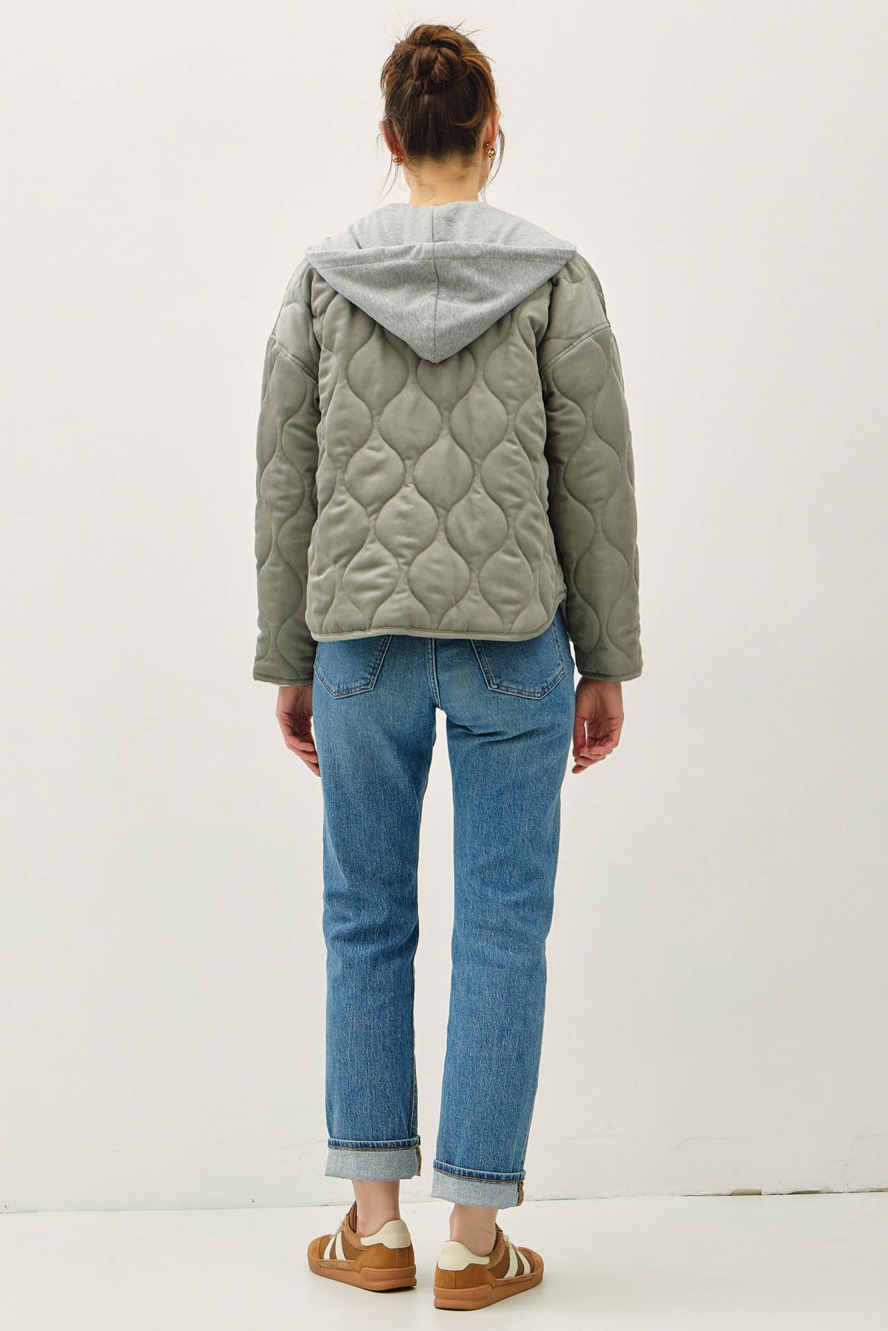 Olive Quilted Jacket with Attachable Hood, Feathered Farmhouse