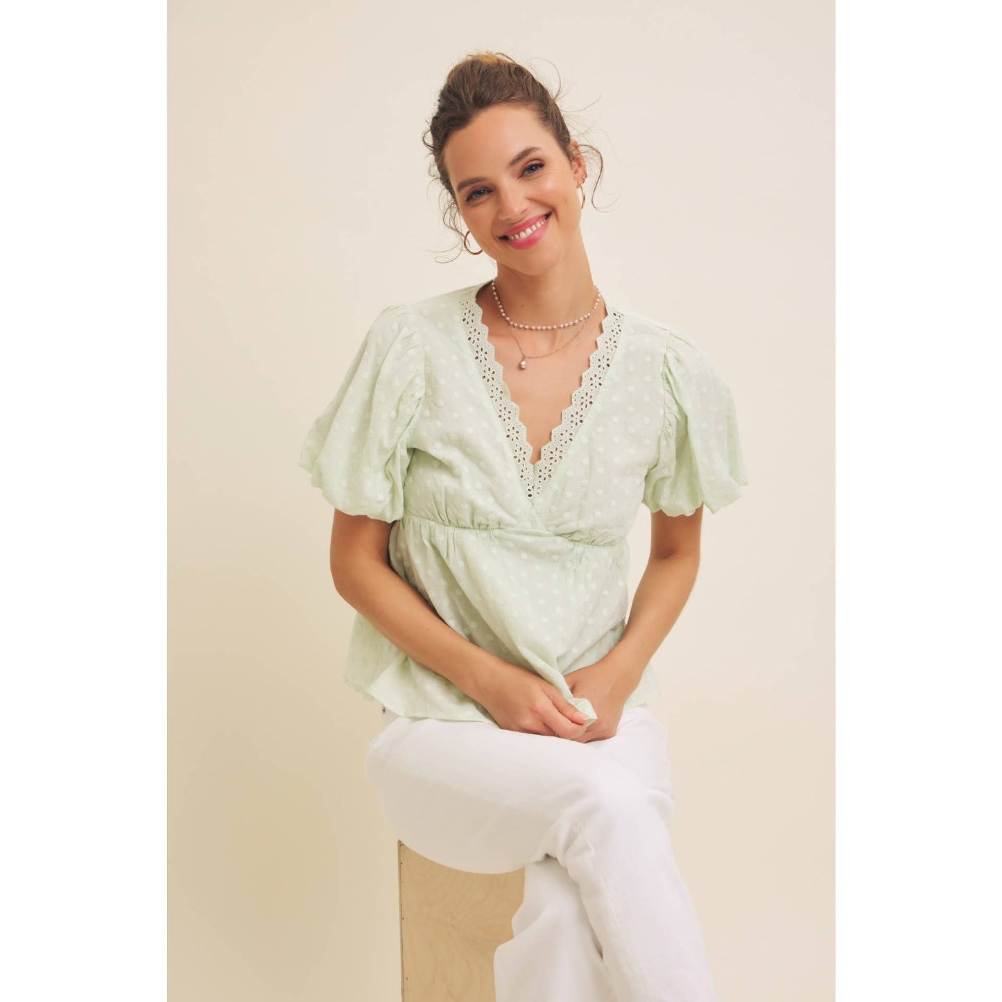 Scallop Trim V-Neck Eyelet Blouse, Feathered Farmhouse