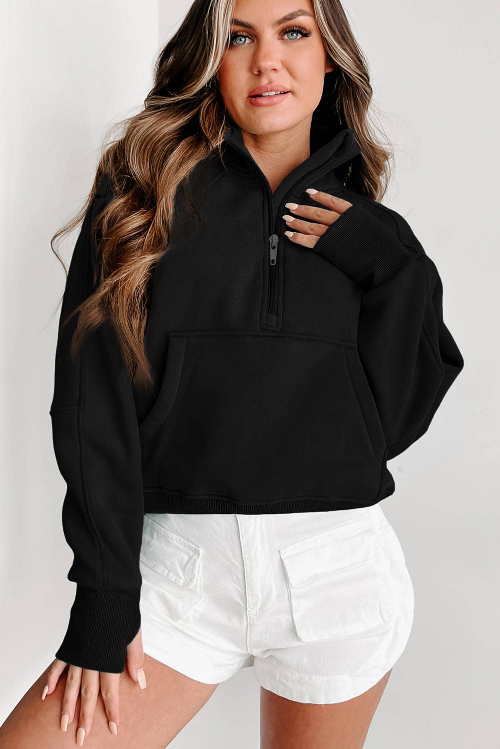 Zip Up Stand Collar Ribbed Thumbhole Sweatshirt, Feathered Farmhouse