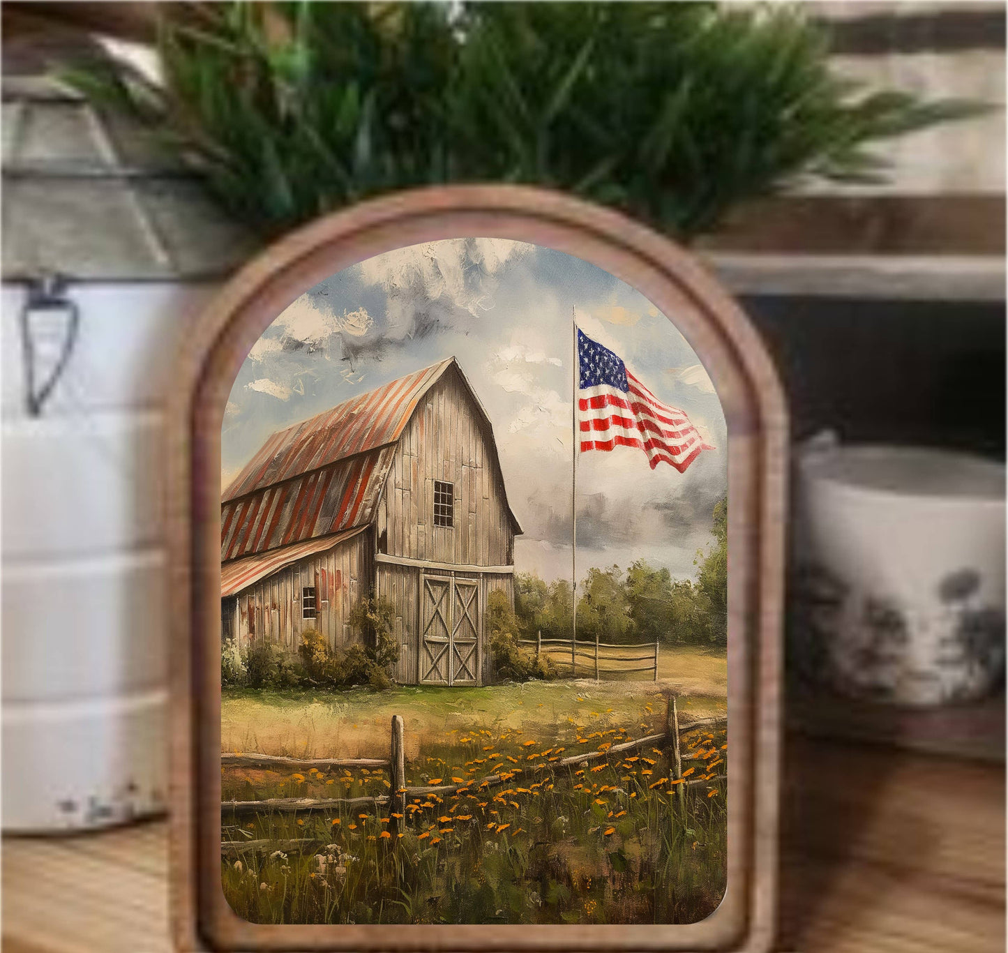 Patriotic Homestead Framed Art Arch Top, Feathered Farmhouse