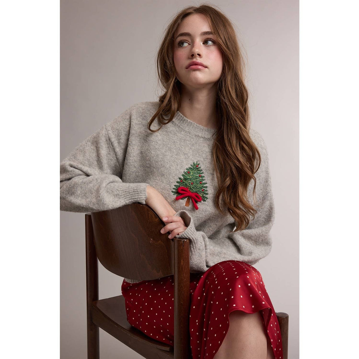 Christmas Tree Embroidered Graphic Sweater, Feathered Farmhouse