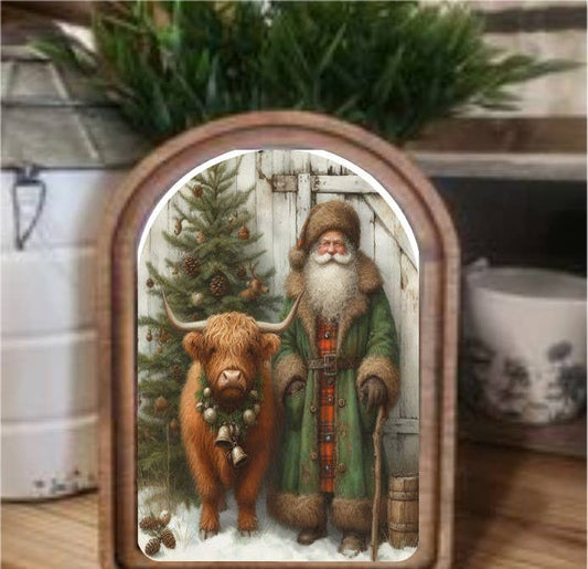 Highland Santa Green Framed Art Arch Top, Feathered Farmhouse