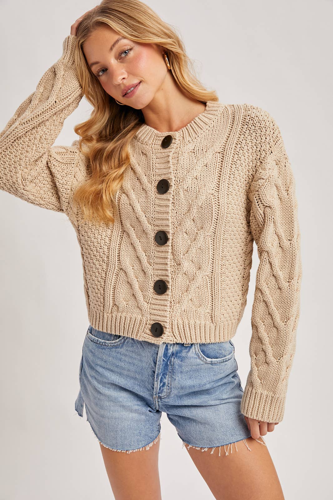 Cropped Button Front Cable Knit Cardigan, Feathered Farmhouse