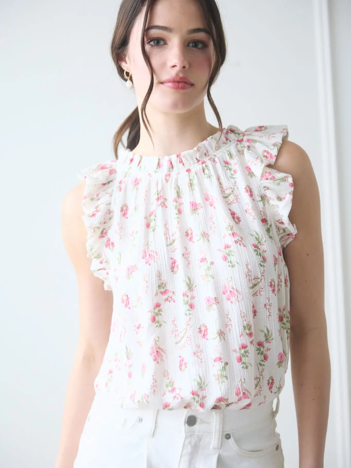 Floral Ruffle Detail Sleeveless Top, Feathered Farmhouse