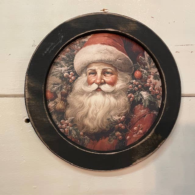 Round Holly Jolly Santa Framed Canvas, Feathered Farmhouse
