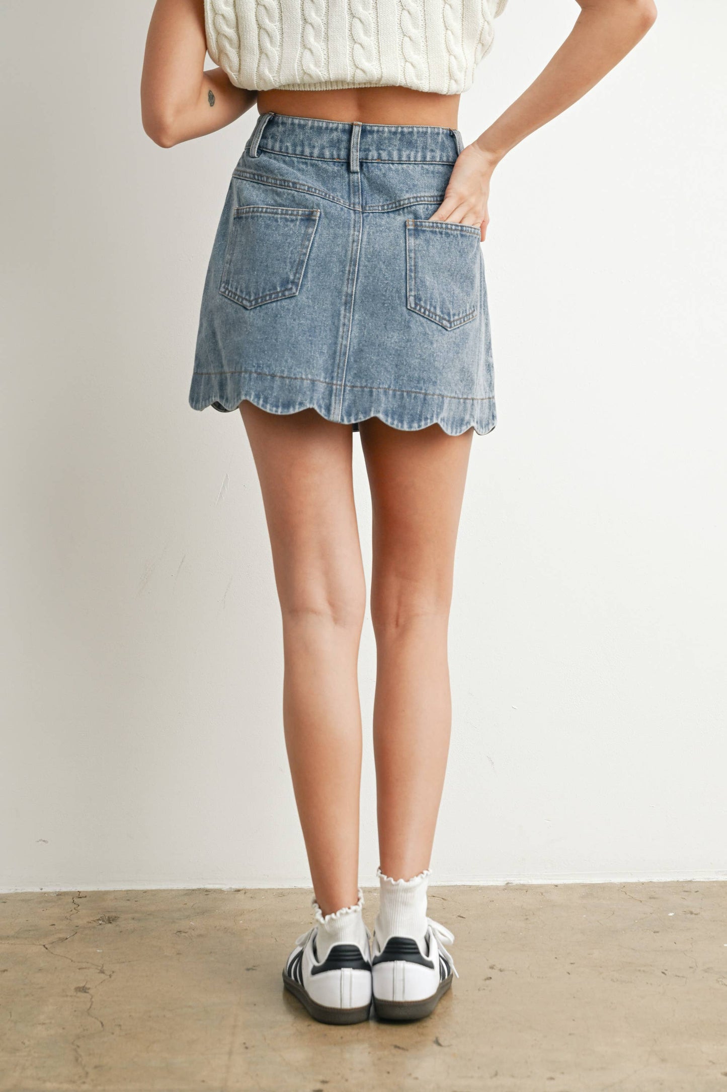 Buttoned Scallop Denim Skirt, Feathered Farmhouse