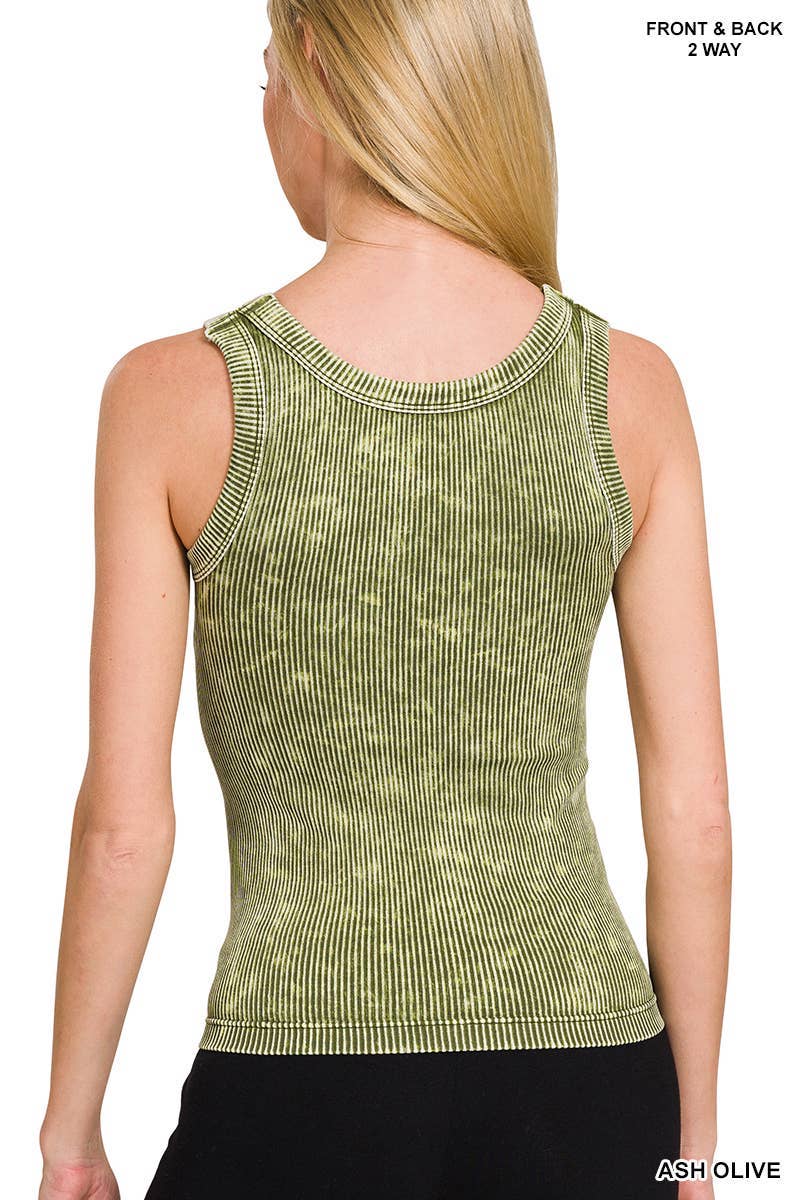 Ash Olive Washed Ribbed Seamless Tank Top, Feathered Farmhouse