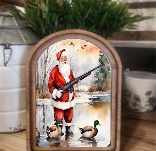 Santa Duck Hunting Framed Art Arch Top, Feathered Farmhouse