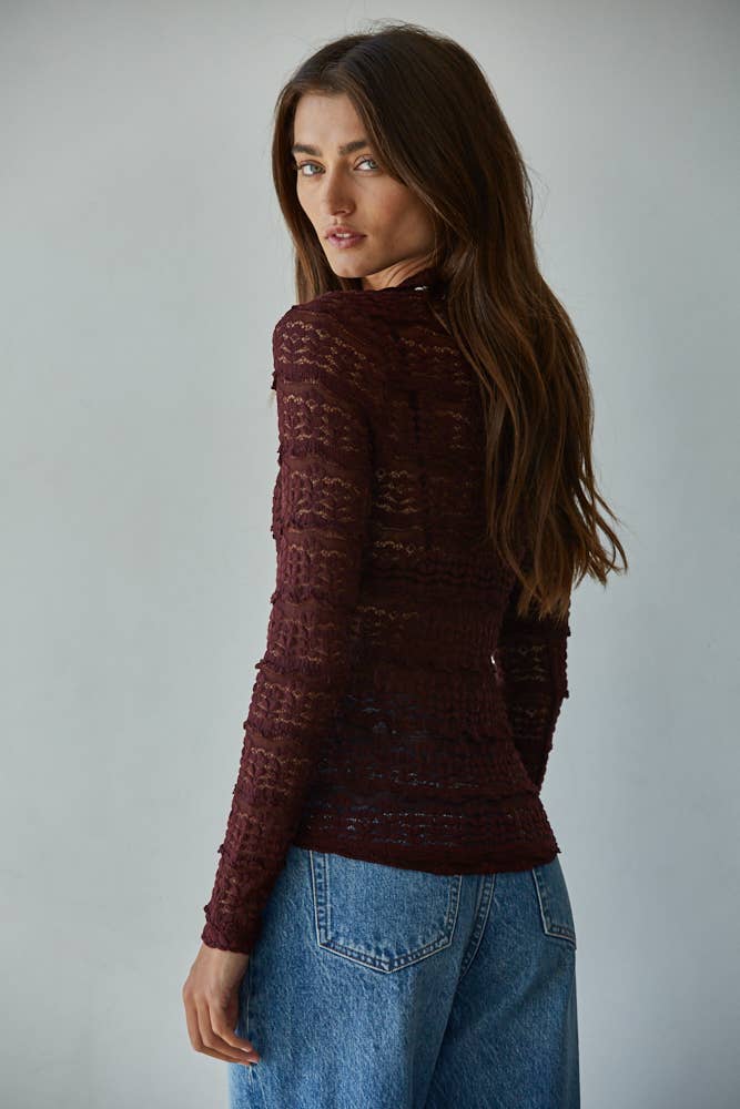 Woven Nylon Cotton Spandex Lace See Through Mock Top, Feathered Farmhouse